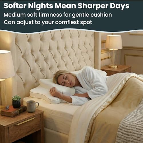 Ergonomic Cervical Neck Pillow for Sleeping – Cooling Memory Foam Cervical Pillow for Side Sleepers and Back Sleepers – Contour Neck Support (White/Gold, Cooling)