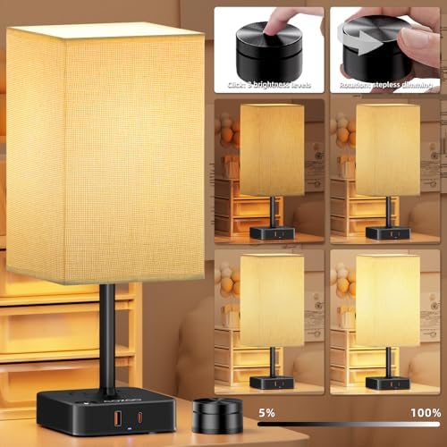 Bedroom Nightstand Lamp with Charger, Touch Table Lamps with Remote Control