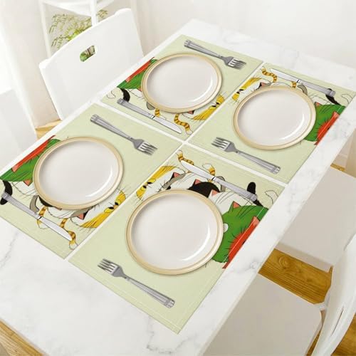Stacked Colorful Cats Linen Placemats Set of 2PCS, Heat Resistant Non-Slip Washable Table Placemats for Dining Everyday Use Hotel Banquet Home Decor
