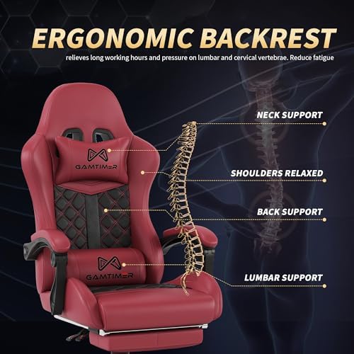 Gaming Chair,Computer Chair with Footrest and Lumbar Support,Breathable PU Leather,4D Lumbar Support and Headrest,360 Degree Swivel Chair with Adjustable Ergonomic Backrest for Adults(RED)