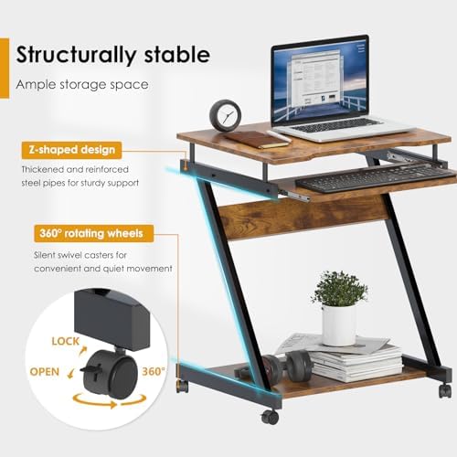 soges Movable Desk for Computer, Small Double-Layer Workstation, Computer Desk Cart, with Universal Lockable Wheels and Keyboard Tray, Vintage Brown