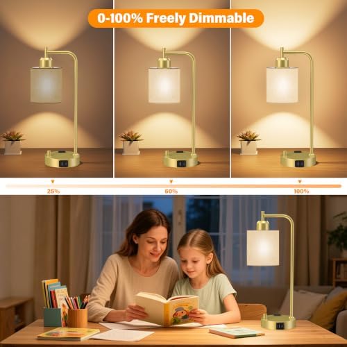 SIBRILLE Industrial Table Lamps with Linen Shade, Set of 2 Fully Dimmable Bedside Lamps with USB A+C Ports and Outlet, Gold Nightstand Desk Lamps for Bedrooms Living Room Office, 2 LED Bulbs Included