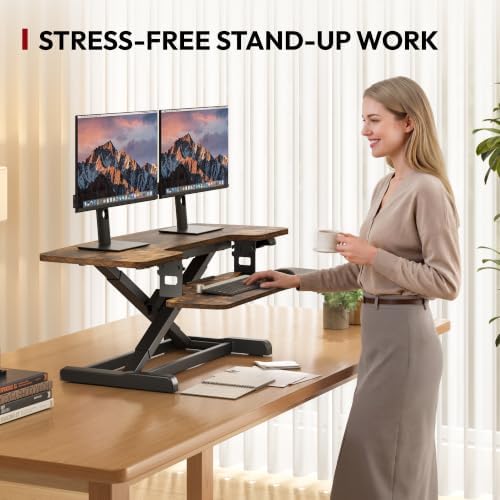 SANODESK Standing Desk Converter with Electric Motor 42" Height Adjustable Riser for Office Home,Dual Monitor and Laptop Workstation with Large Keyboard Tray, Rustic Color