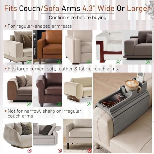 Yoshiky Grey Bamboo Couch Armrest Table, Couch Arm Tray with Removable Couch Cup Holder, 2 in 1 Design Foldable Anti-Slip Bamboo Couch Tray and Sofa Cup Holder for Drink