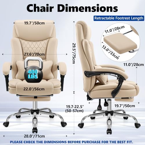 Ergonomic Executive Office Chair PU Leather High Back, 400lbs Heavy Duty Reclining Desk Chair with Footrest, Adjustable Lumbar Support, Padded Armrests, Wide Seat, Khaki