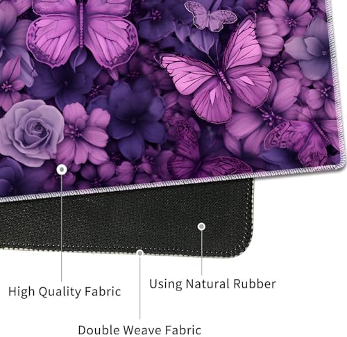 Mouse Pad Combo, Large Gaming Mouse Pad + Keyboard Wrist Support + Mouse Wrist Rest + Coaster, Table Pad 31.5 "x 11.8" with Memory Foam Ergonomic Wrist Pad Set, Butterflies Purple and Purple Flowers