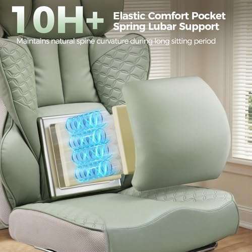 GTPOFFICE Big and Tall Office Chair 400LBS Wide Seat Computer Gaming Chair with Footrest & Comfy Lumbar Support, Leather High Back Executive Chair with Ergonomic Pressure Relief Seat Cushion, Green