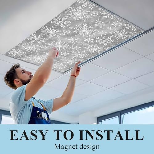 Grey Snowflake Magnetic Fluorescent Light Covers for Ceiling Lights 2 x 4 Feet,Christmas Winter Festival Xmas Modern Office Classroom Kitchen Drop Ceiling Light Covers Lighting Shade Panel 3 Packs