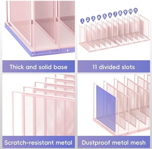 File Organizer for Desk, 11-Section Vertical File Sorter, Paper Holder Organizer Standing Metal File Folder for Office Home Classroom, Pink