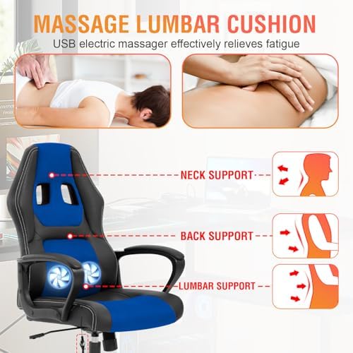 High-Back Computer Gaming Chair Blue Massage Office Chair Ergonomic Racing
