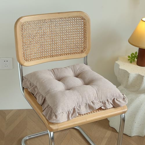 Tufted Cotton Chair Cushions Set of 2 Solid Color Soft Comfort Chair Pads with Ruffles Farmhouse Country Seat Cushions for Kitchen Indoor Dining Room Patio Chairs (Khaki,17"x17")
