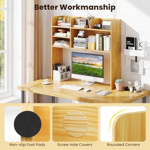 GIANTEX Desktop Bookshelf, 37" Desk Hutch Dorm for Computer Up to 32 Inch, Countertop Hutch w/6 Storage Shelves, 3-Tier Desktop Organizer Display Rack, Wood Desk Shelf for Home Office (Burlywood)