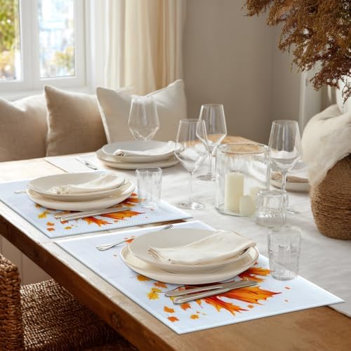 Shrahala Autumn Maple Leaves Set of 6 12 X 18 Inch Linen Placemats, Orange Fall red Leaves Burlap Table Mat Washable Double Layered Heat Insulation for Indoor