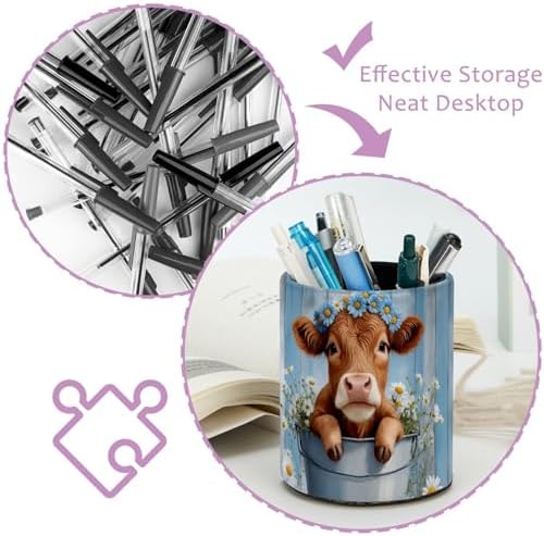 Highland Cow Daisies Farmhouse Pen Holder Pencil Organizer Cute Pencil Cup Desk Decor Makeup Brush Holder PU Multifunctional Office Supplies for Home Classroom School