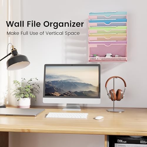 Pink Desk Organizer, Hanging Wall File Organizer with 6 Tiers