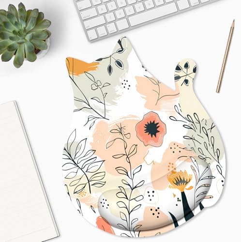 Ergonomic Mouse Pad with Wrist Rest, Cute Cat Memory Foam Padded Pain Relief Non-Slip Wrist Support Mouse Mat for Gaming Work Computer Laptop, Funny Office Supplies Desk Accessory, Flower