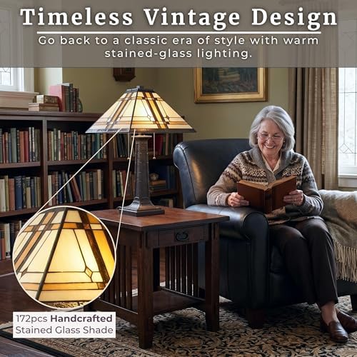 Lavish Home Tiffany Style Table Lamp with Stained Glass Shade, Bronze