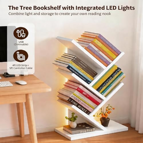 Godferyxin Small Bookshelf with Liting,5-Tier Desktop White Bookshelf LED