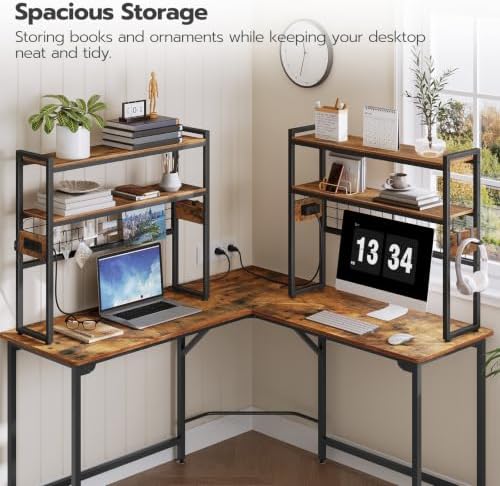 HOOBRO Desktop Bookcase, 2-Tier Desktop Organizer, 29.9" Wooden Office Storage Rack with Outlets, Display Shelf Rack with Light Strip, Desk Hutch for Office, Rustic Brown BF11UDSJ01