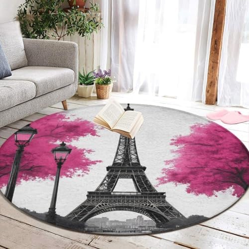 Fashion Round Area Rug Large Non Slip Carpet Unisex Home Decor Mat Paris Eiffel Tower