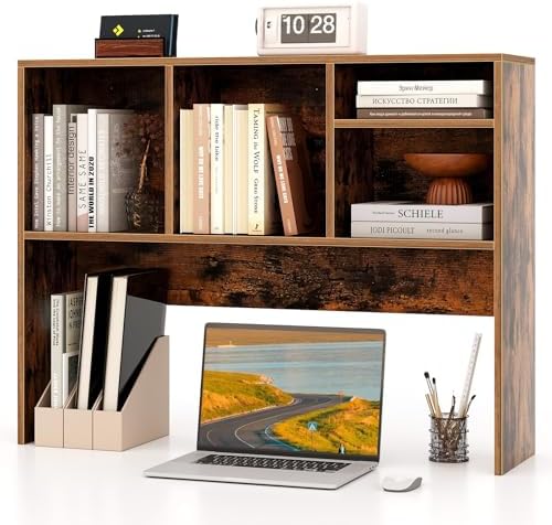 Tangkula Desktop Bookshelf, Countertop Storage Hutch with 4 Shelves for Computer Desk, Desk 2-Tier Display Rack, Multipurpose Wood Desktop Hutch Storage Organizer for Dorm Office Home