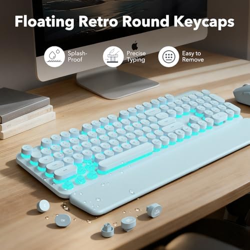 Wireless Keyboard and Mouse Combo, Backlit Round Keycaps, Glowing Blue