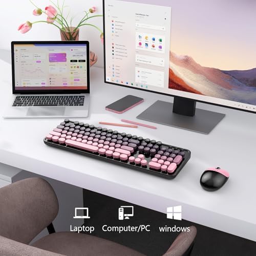 MOFII Wireless Keyboard and Mouse Combo, 2.4 GHz Full-Size Retro Round Keyboard and Mouse, Plug and Play, 8 Multimedia & Shortcut Keys for Mac, Windows, Laptop/Desktop/PC - Pink Gradient