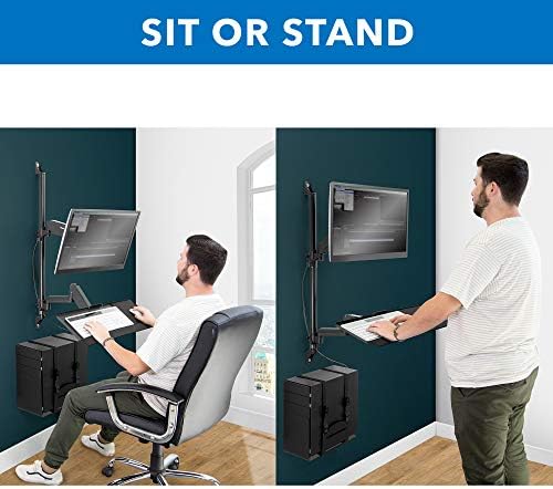 Mount-It! Single Monitor Arm Wall Mount Workstation with Keyboard Tray & CPU Holder, Height Adjustable Gas Spring Full Motion Computer Station, Fits 17–32” VESA 75x75 100x100, Black