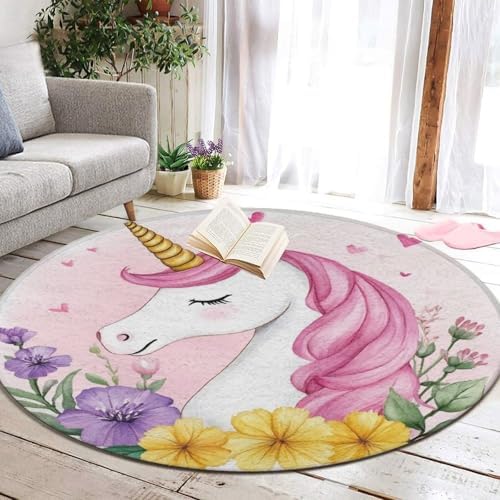 Large Home Decor Mat, Soft Round Yoga Carpet, Non Slip Machine Washable Kitchen Office Circle Rug Cute Pink Unicorns