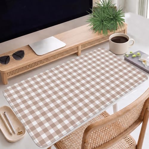 Brown Checkered Gingham Desk Mat Pad XXL Large Mouse Pad Anti-Slip Big Mousepad with Stitched Edges Computer Mouse Pads for Desktop Decor Cute Office Desk Accessories