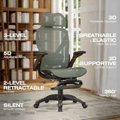 ELABEST X100 Ergonomic Mesh Office Chair with Footrest, Big and Tall Home Desk Chair with 5D Flip-Up Arms, Adjustable 3D Lumbar Support, Gaming & Executive Computer Chair