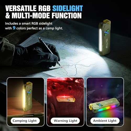 EDC Rechargeable Flat Flashlight 1000 Lumens White LED/UV/RGB Ambient Signaling Flashlights, Magnetic Clip on Pocket Light for Outdoors, Emergency, Working (1, Green, Compact)