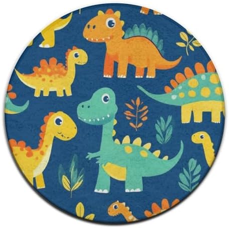 Soft Round Yoga Carpet, Office Chair Decor Round Mat for Carpet and Hardwood Floors Cute Dinosaur