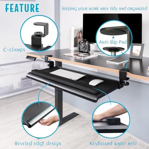EHO Large Ergonomic C-Clamp Keyboard Tray Mount Under Desk with Wrist Rest, Slide-Out Platform 27.5" (31.8" Including Clamps) x 12.5", Pull Out Keyboard & Mouse Tray for Home or Office, Black