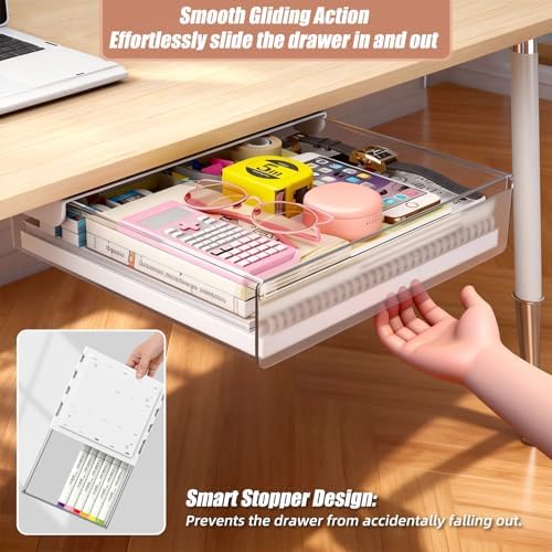 3 Pack Under Desk Drawer Slide Out Storage Organizer, Clear White 3 Sizes (S/M/L), Dual-Mount Hidden Table Tray for Tablets, Planners & Office Supplies