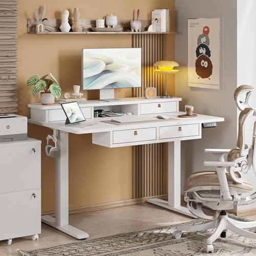 TIQLAB 55 * 28 Inch Standing Desk with Four Drawers, Electric Sit Stand Table, Stand Up Desk Adjustable Height with Storage Shelf, Splice Board, White