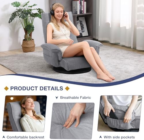 Linen Fabric Ergonomic Gaming Chair, 6-Position Reclining Sofa Bed with Lumbar Support, Foldable Floor Lounger with Thick Cushion, Armrests & Side Pockets for Esports, Reading, Napping (Light Gray)
