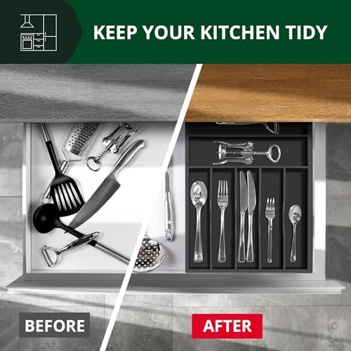 ROYAL CRAFT WOOD Luxury Bamboo Kitchen Drawer Organizer - Silverware Organizer - Utensil Holder and Cutlery Tray with Grooved Drawer Dividers for Flatware and Kitchen Utensils (7 Slot, Black)