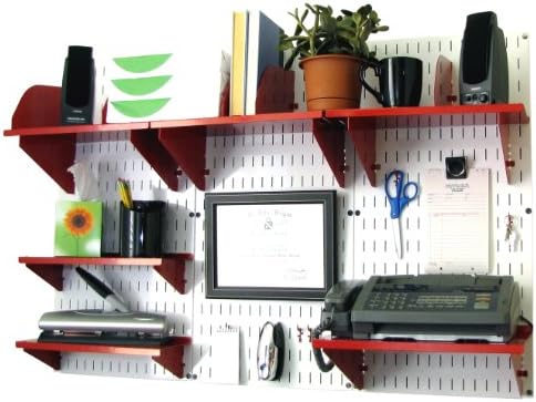 Wall Control Office Organizer Unit Wall Mounted Office Desk Storage and Organization Kit White Slotted Wallboards and Red Accessories