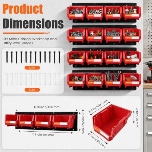 16pc Wall-Mounted Storage Organizer Set with Metal Rails Red