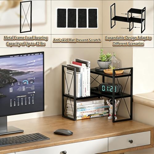 Expandable Desktop Shelf Organizer, 2 Tier Wood Desk Shelf for Office, Metal Corner Bookshelf, Countertop Storage Rack (Black)