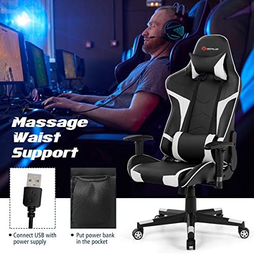 POWERSTONE Gaming Chair - Office Computer Gaming Racing Chair with Lumbar Massager Support PU Leather Adjustable Arms Headrest High-Back Recliner Ergonomic Rolling Swivel (White)
