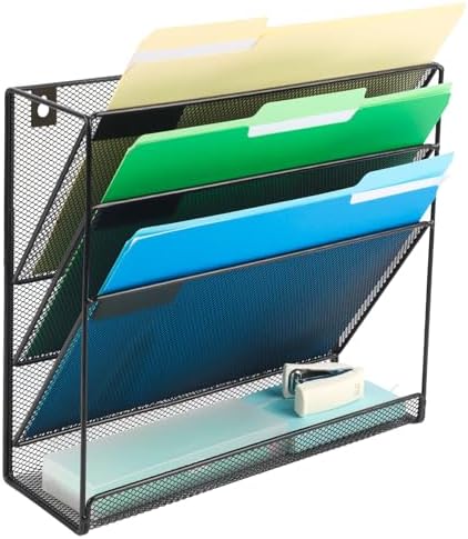EASEPRES Desk File Organizer Mesh 4-Tier, Hanging Wall Mount Document Organization Stand, Desktop Vertical Mail Paper Folder Holder Rack with Bottom Tray for Office Home Cubicle Countertop, Black