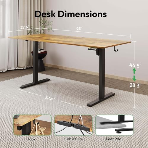 63 x 28 Inch Electric Standing Desk, 3 Memory Presets, Brown