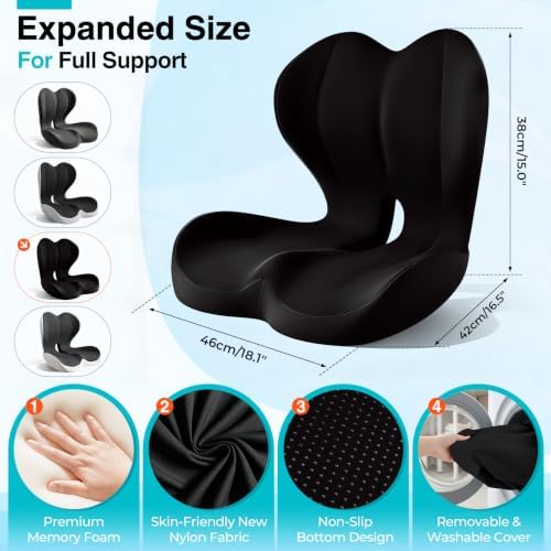 Seat Cushion for Office Chair and Car, L-Shaped Memory Foam Seat Cushion, Ergonomic Sciatica & Tailbone Pain Relief Cushion with Non-Slip Breathable Cover, Back Support for Office Chair-Black