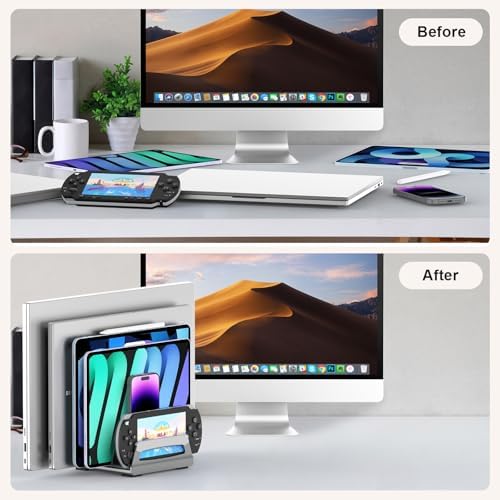Elestoria 6-Slot Vertical Laptop Stand & Holder –Adjustable Aluminum Laptop Stand Vertical for Desk Fits 6 Devices, MacBook & Gaming Laptops (Up to 17.3”)–Space Saving Laptop Storage Rack - Grey