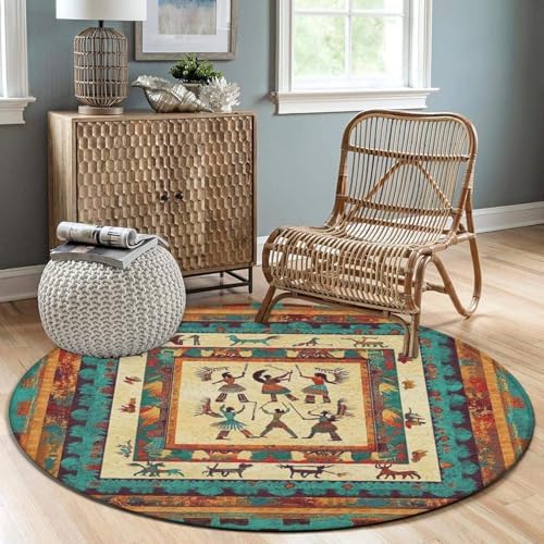 Machine Washable Modern Round Area Rug, Room Sofa Yoga Soft Round Carpet, Home Decor Non Slip Kitchen Office Circle Rug Southwestern Native American Indian, 24inch