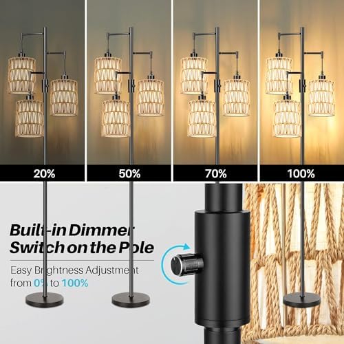 ZECOXOL Boho Floor Lamp for Living Room Bedroom-3 Light Dimmable Floor Lamp with Three Led Bulb, Rustic Tall Lamp Black Standing Lamp Tree Floor Lamps for Living Room Bedroom,Office,Corner