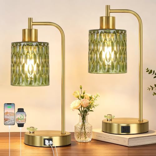 Table Lamps Set of 2, Green Glass Dimmable Bedside Lamps for Living Room