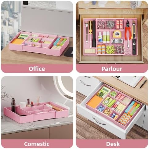Marbrasse Expandable Desk Drawer Organizer, Clear Plastic Drawer Organizer Tray with 10 Adjustable Compartments, Desk Organizers and Accessories, 5 Drawer Dividers for Office Supplies, Makeup (Pink)